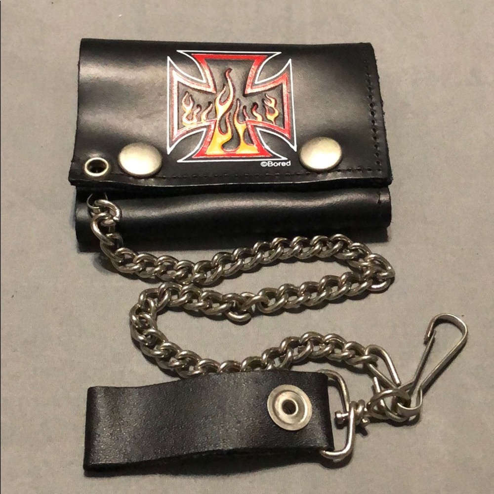 Maltese cross w/flames print biker leather wallet.